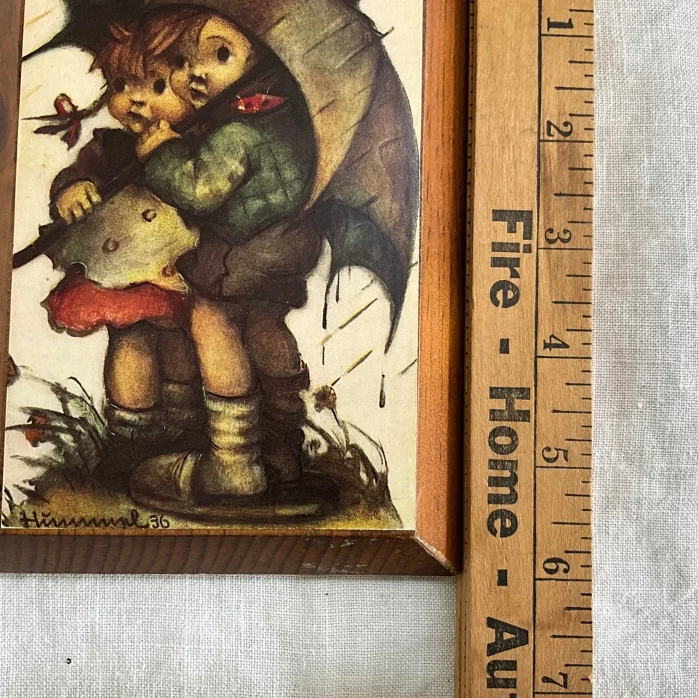 Vintage Hummel Wood Wall Plaques Set of 4 Children Umbrella Rabbits Crow Signed